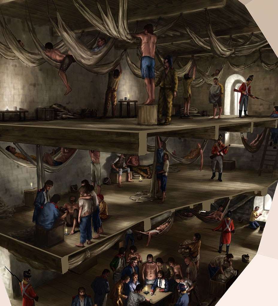 A cutaway drawing showing prisoners in the keep at Portchester Castle A cutaway drawing showing prisoners in the keep at Portchester Castle