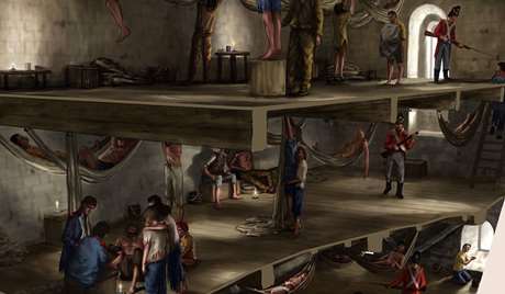 A cutaway drawing showing prisoners in the keep at Portchester Castle A cutaway drawing showing prisoners in the keep at Portchester Castle