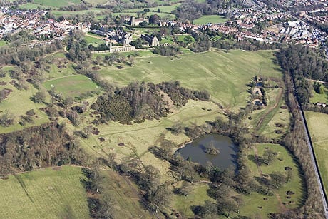 Aerial view of the 1066 Battle of Hastings battlefield, with Battle Abbey in the background Aerial view of the 1066 Battle of Hastings battlefield, with Battle Abbey in the background