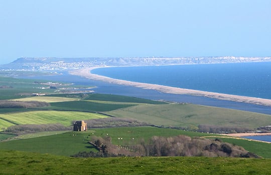 St Catherine's Chapel, looking across Chesil Beach towards Portland Bill