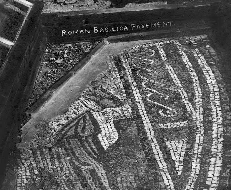 Early 20th-century photograph of the Helicon mosaic in situ. It has since been lifted and is now on display in the site museum