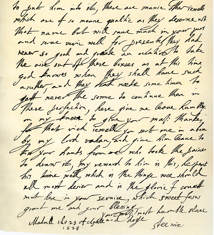 Part of a letter from George Villiers to James I dated 25 April 1623 and signed ‘Steenie’. From the fourth series of Facsimiles of Royal, Historical, Literary and other Autographs in the Department of Manuscripts, British Museum: Series I-V (London, 1899)