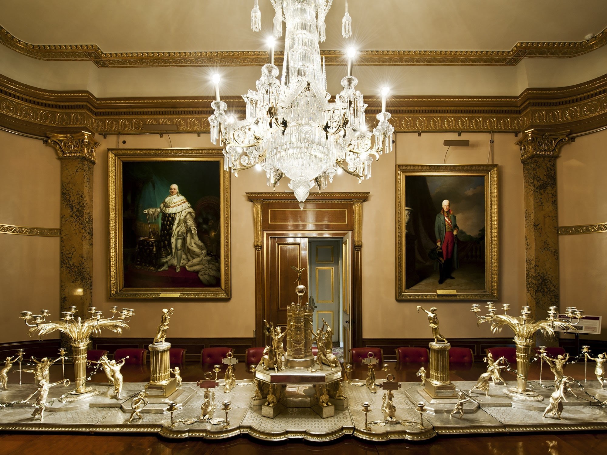 The State Dining Room, completed in about 1819. On display is the centrepiece of the Portuguese Service, presented to Wellington in 1816