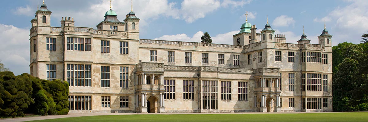 The west front of Audley End, seen across the site of the 17th-century outer lodging court to the hall and porches
