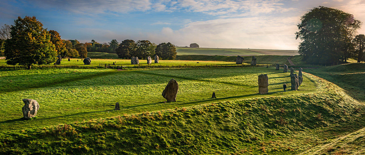 A view of the stone circle at Avebury on a clear day.