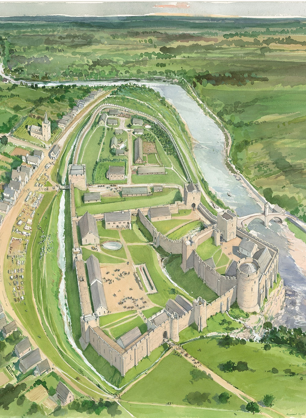 Aerial reconstruction illustration of Barnard Castle in the 13th century