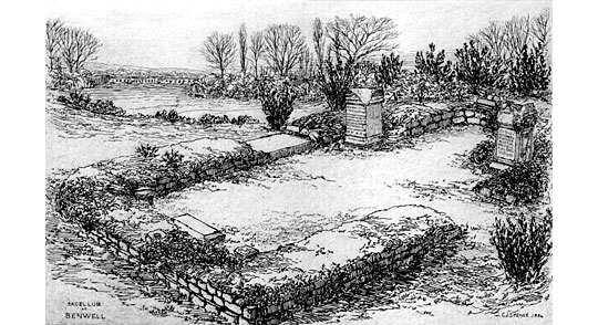 Etching of Benwell temple by Spence, 1884 Etching of Benwell temple by Spence, 1884