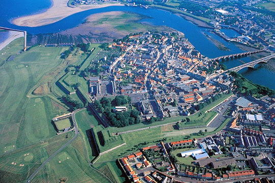 Aerial view showing the fortifications at Berwick-upon-Tweed