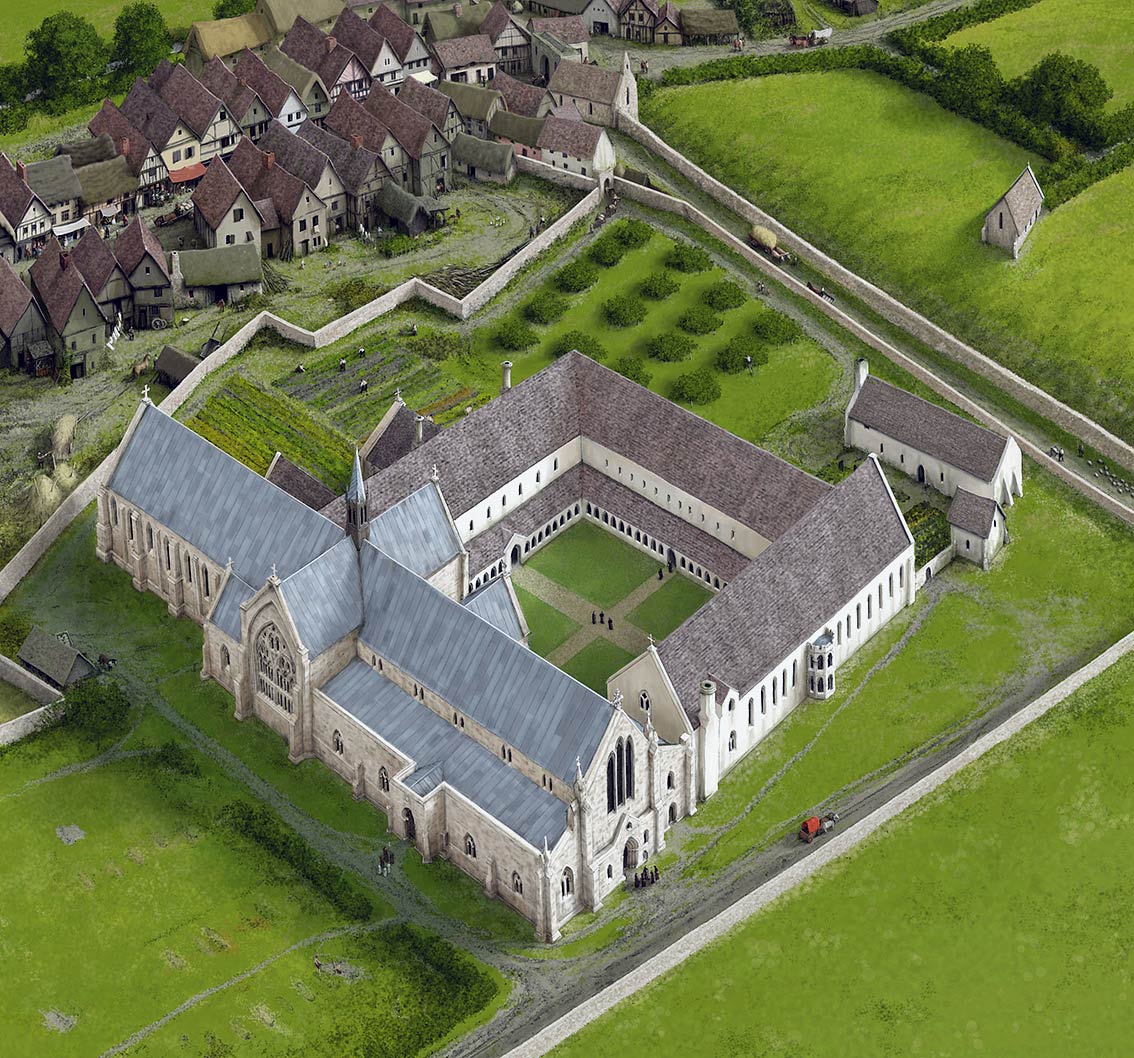 A reconstruction showing Blackfriars as it may have appeared in about 1400, looking south-east over the church and cloister. Southgate Street is in the background (back left)