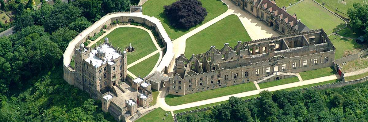 Bolsover Castle seen from the air. The Little Castle, on the left, stands on the end of a promontory Bolsover Castle seen from the air. The Little Castle, on the left, stands on the end of a promontory
