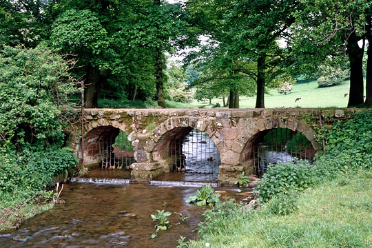 Bow Bridge with water running through the three arches and cows in parkland in background