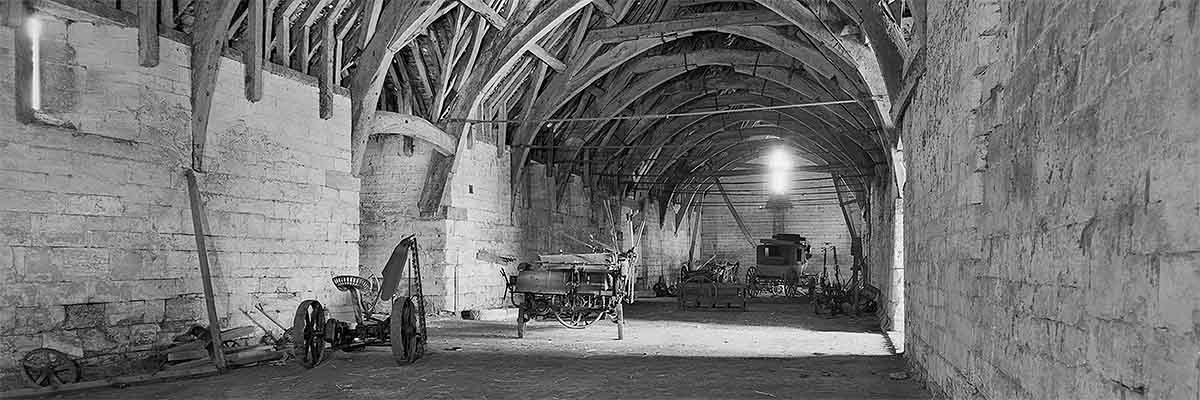 The interior of the tithe barn in the early 20th century
