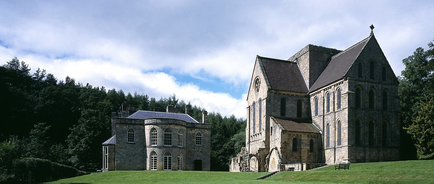 The church and manor house at Brinkburn, seen from the terrace to the east