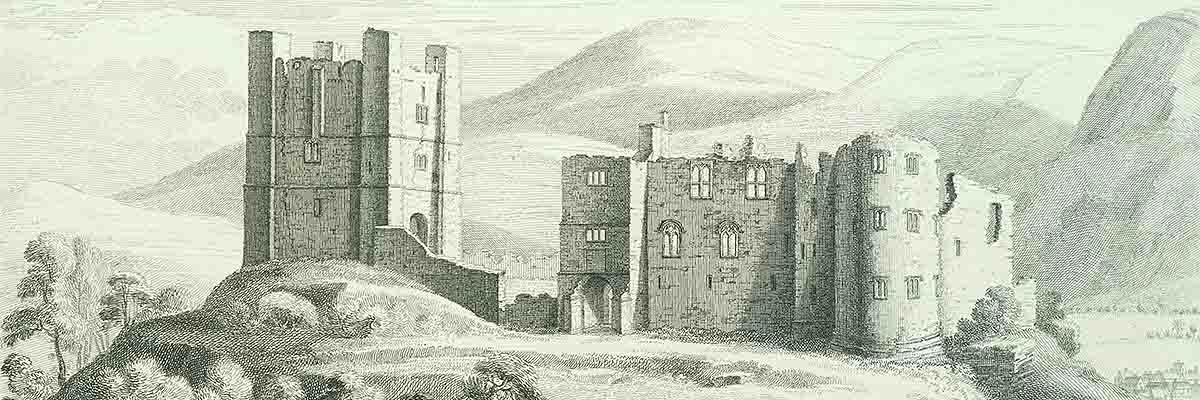 Engraving of Brough Castle in 1739 by Samuel and Nathaniel Buck in 1739. The glass and roofs have gone and the stables have disappeared but most of the walls still stand to their full height