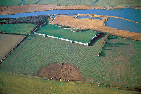 An aerial view showing the impressive walls of Burgh Castle Roman Fort