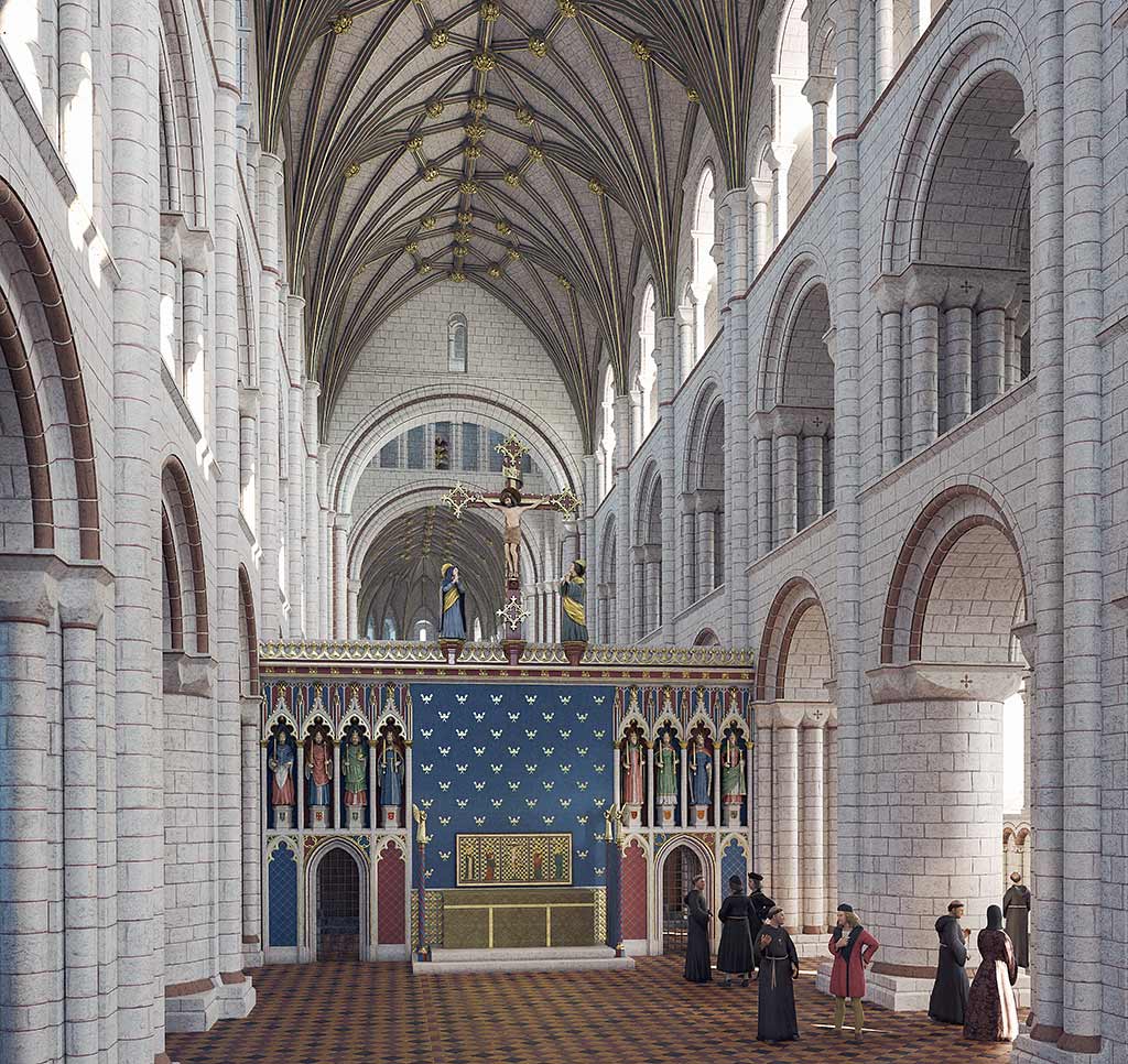 A reconstruction of the nave as it may have looked shortly before the Dissolution