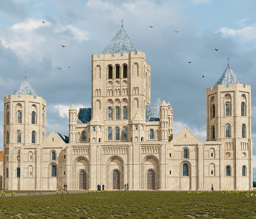 A reconstruction of the west front of the abbey church as it might have appeared after the central tower and octagonal towers at each end were built in around 1200