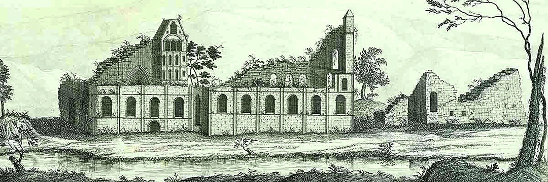 Detail of an engraving of Byland Abbey from the south in 1721, by Samuel and Nathaniel Buck. The lake in the foreground may be an artistic licence