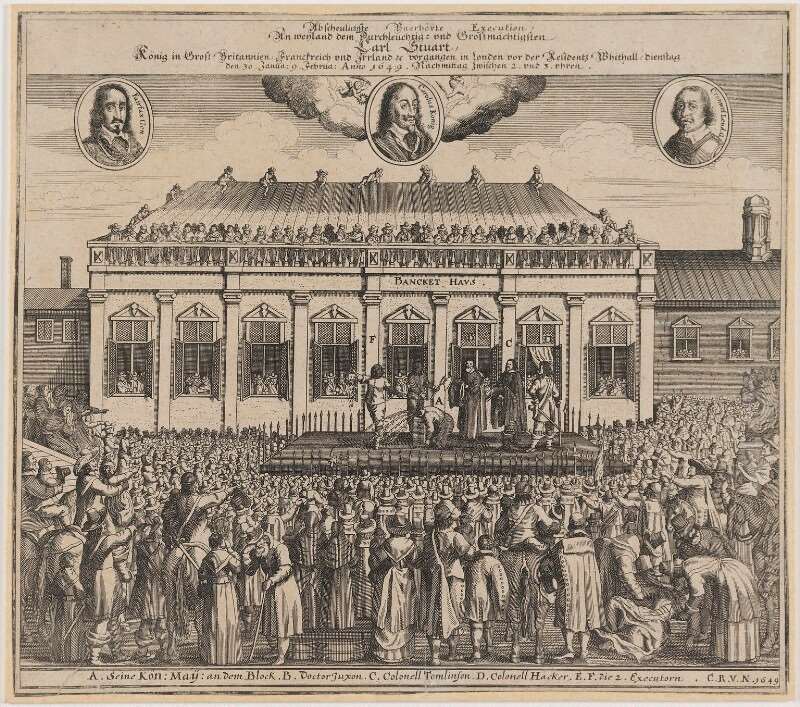 A German print from 1649 of the execution of Charles I outside the Banqueting House. Based on the earliest European depiction of the execution