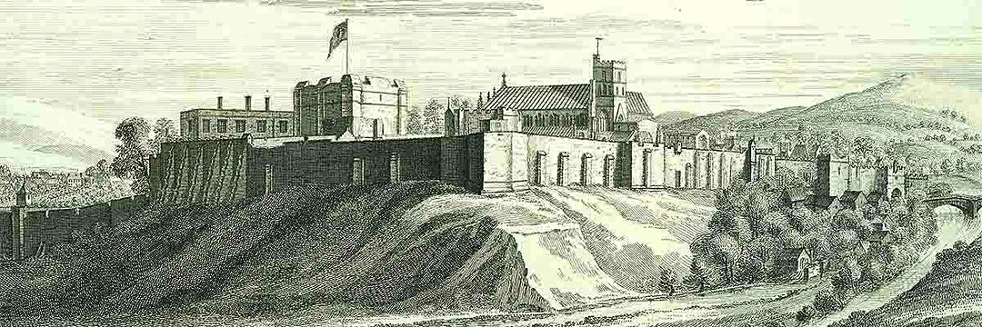Engraving of Carlisle Castle on its elevated site, flag flying