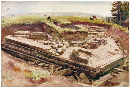 1860s watercolour painting showing Chesters Bridge Abutment under excavation with cows grazing in field beyond 1860s watercolour painting showing Chesters Bridge Abutment under excavation with cows grazing in field beyond