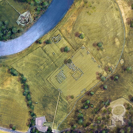Illustration showing present day vertical aerial view of the Chesters Fort and Bridge Abutment and surrounding area Illustration showing present day vertical aerial view of the Chesters Fort and Bridge Abutment and surrounding area