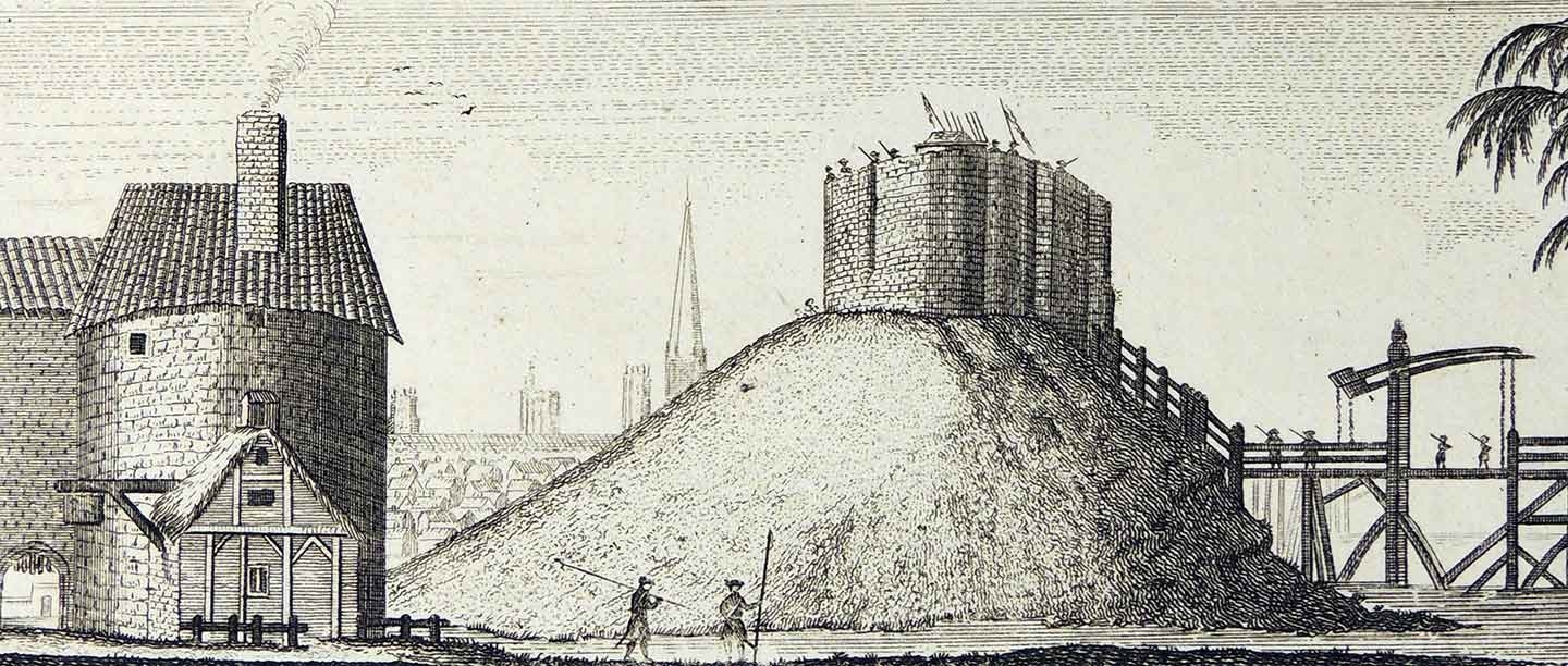 Sketch illustration of motte and bailey castle, showing bridge over moat leading to the motte with stone tower on top