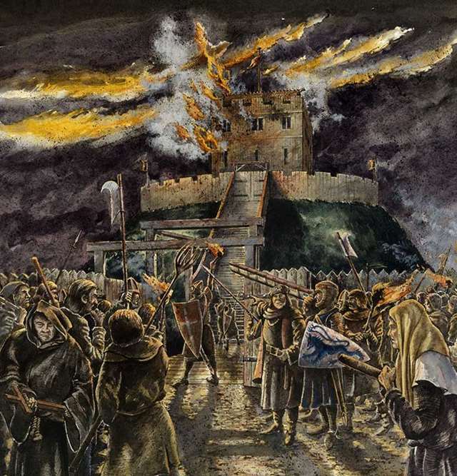 Watercolour drawing of a medieval crowd with torches and weapons gathered outside a burning wooden tower on top of motte