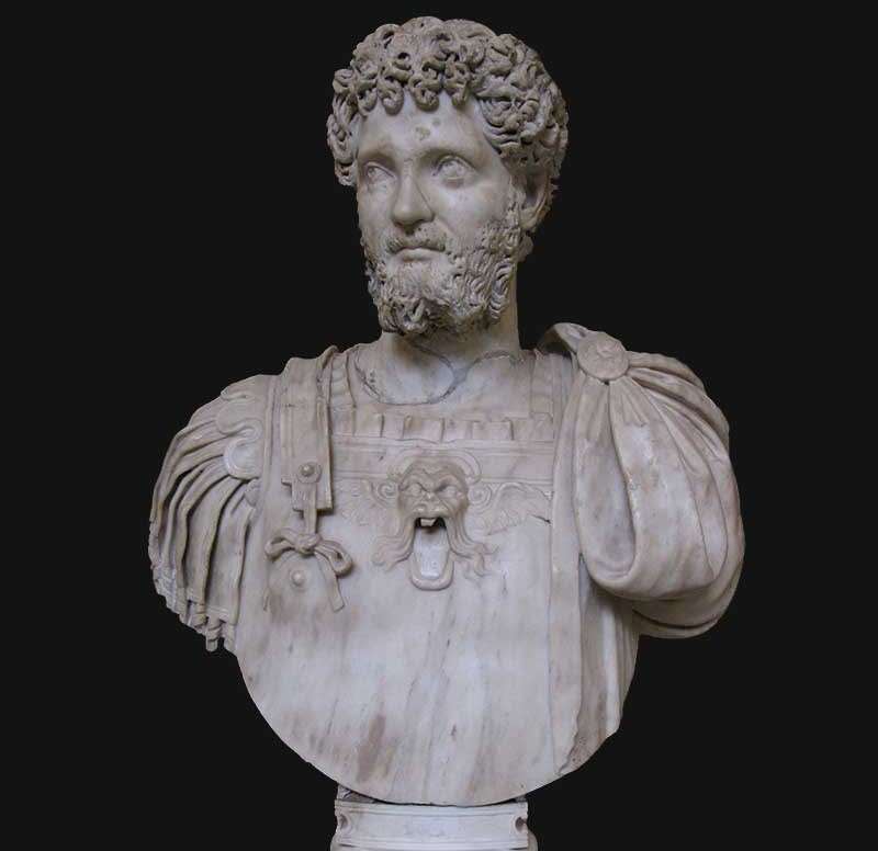 A marble bust of the head and torso of Septimius Severus in military uniform