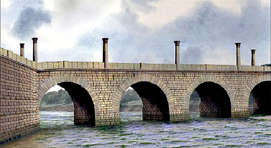 A reconstruction drawing of the Roman stone bridge at Corbridge A reconstruction drawing of the Roman stone bridge at Corbridge