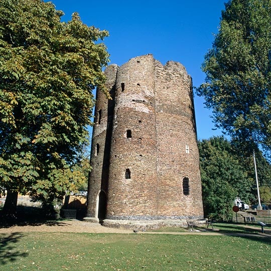 External view of Cow Tower rising alongside a mature horse chestnut tree