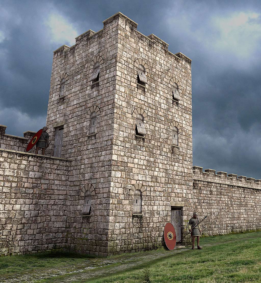 Denton Hall Turret as it may have looked in around AD 130, a few years after completion. It is shown here with three storeys, though it may have had only two