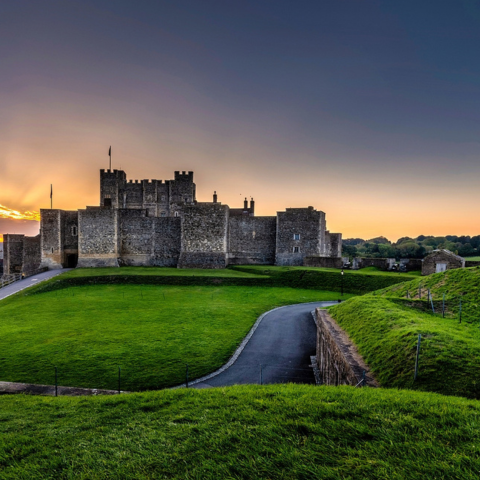A view of Dover Castle at sunset
