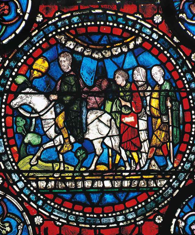 Pilgrims on the road to Cantebury, depicted in 13th-century stained glass at the cathedral Pilgrims on the road to Cantebury, depicted in 13th-century stained glass at the cathedral