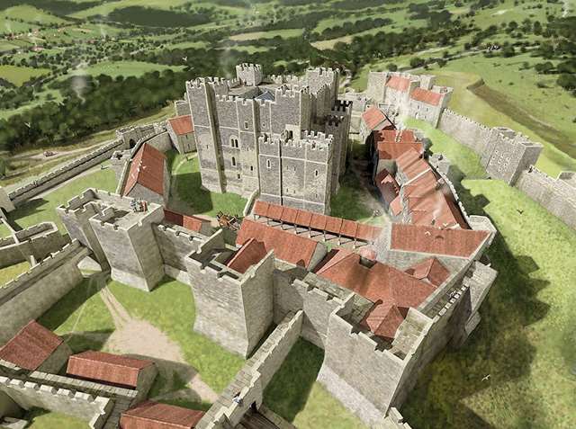 A reconstruction of Dover Castle as it may have looked in the mid 13th century, after the building works begun by Henry II had been completed under his grandson Henry III