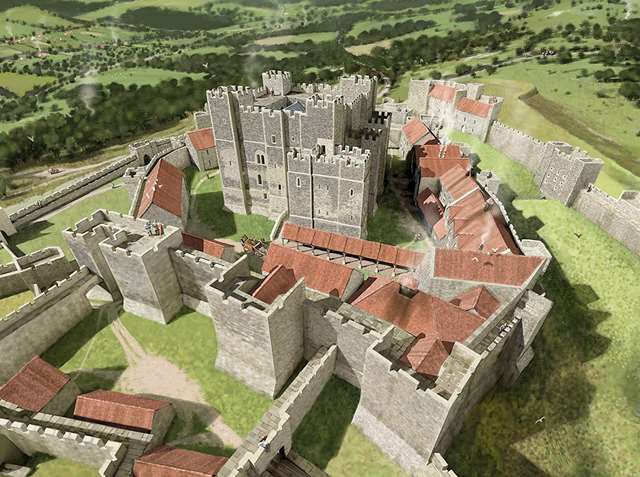 A reconstruction of Dover Castle as it may have looked in the mid 13th century, after the building works begun by Henry II had been completed under his grandson Henry III A reconstruction of Dover Castle as it may have looked in the mid 13th century, after the building works begun by Henry II had been completed under his grandson Henry III