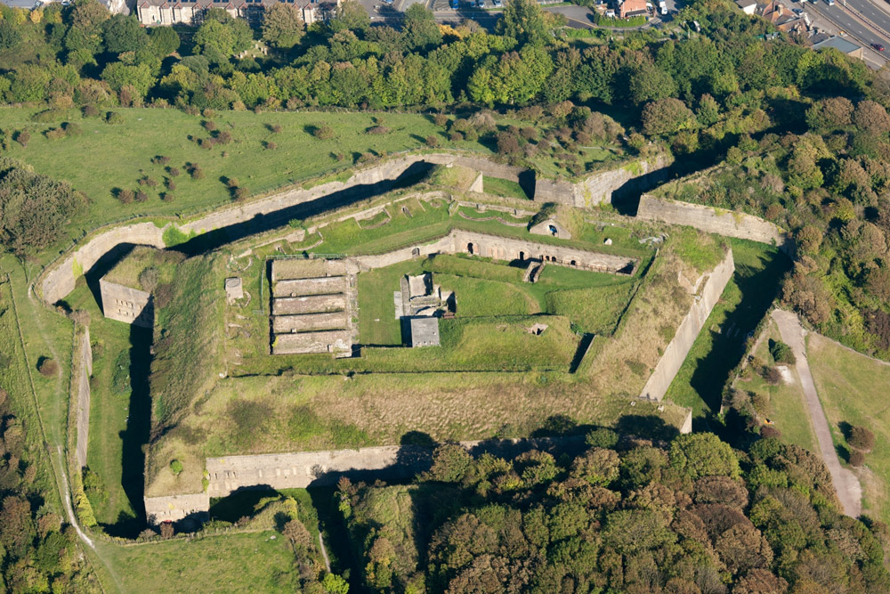 An aerial view of the Drop Redoubt, an artillery fort that formed part of the extensive defences on the Western Heights. It was serviceable but not quite completed by 1815 and modified in the 1860s