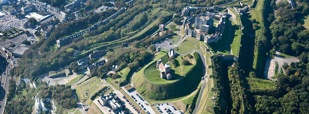 Aerial view of Dover Castle showing the various phases of the hilltop site