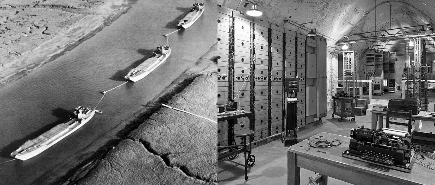 The repeater station at Dover Castle (left); fake landing craft in an estuary in south-east England, 1944 (right)