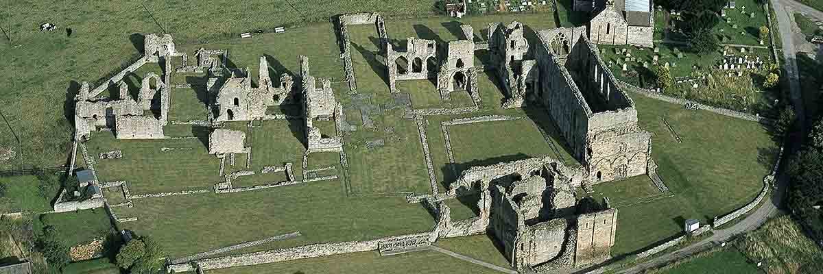 Aerial view of the abbey ruins, first excavated in 1885–6