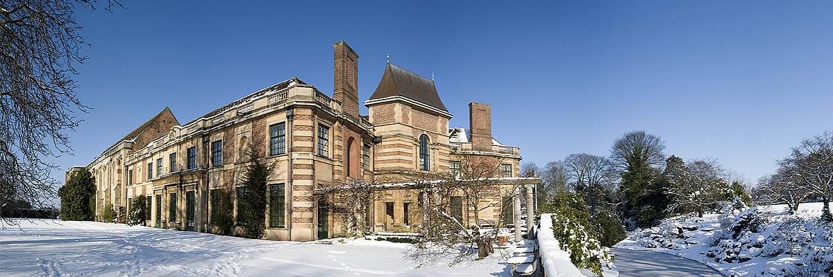 Eltham Palace in the snow, seen from the south garden