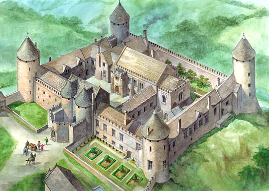 Reconstruction painting of the inner court at Farleigh Hungerford Castle as it might have looked in the late 17th century