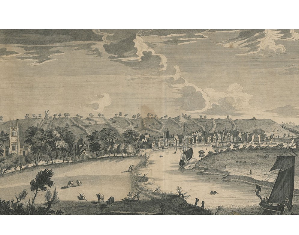 A view of the town of Gainsborough from the north-west from 1747. All Saints church is seen in the middle-distance (far-left) with the Old Hall to its right