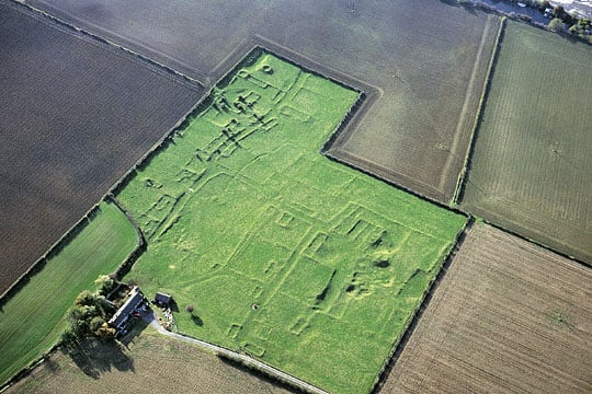 Aerial view looking west of the layout of Gainsthorpe's streets and buildings, picked out by low sunshine Aerial view looking west of the layout of Gainsthorpe's streets and buildings, picked out by low sunshine