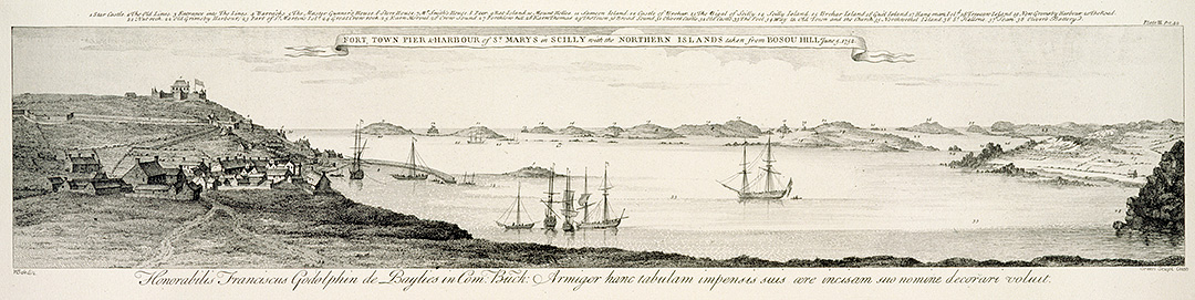 This engraving of a drawing dated 1752 shows the Garrison Walls and Star Castle on the left, with a view of some of the northern Isles of Scilly in the background This engraving of a drawing dated 1752 shows the Garrison Walls and Star Castle on the left, with a view of some of the northern Isles of Scilly in the background