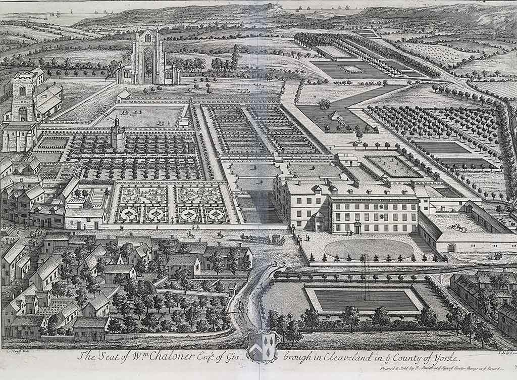 This illustration of the Chaloner estate in 1709 shows Gisborough Old Hall on the right and the priory remains top left. The former priory cloister is being used as a bowling green