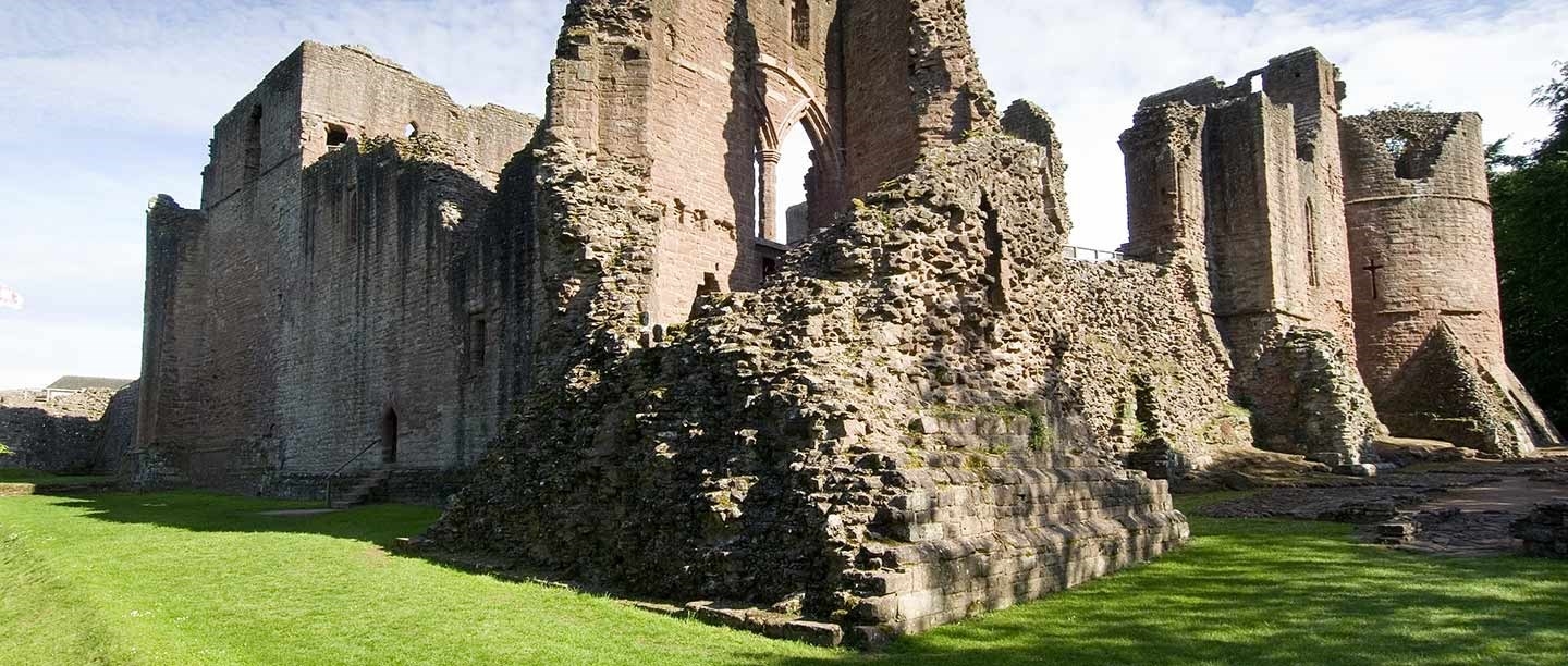 Goodrich Castle from the north-west, with the tower that bore the brunt of the Civil War siege in the foreground