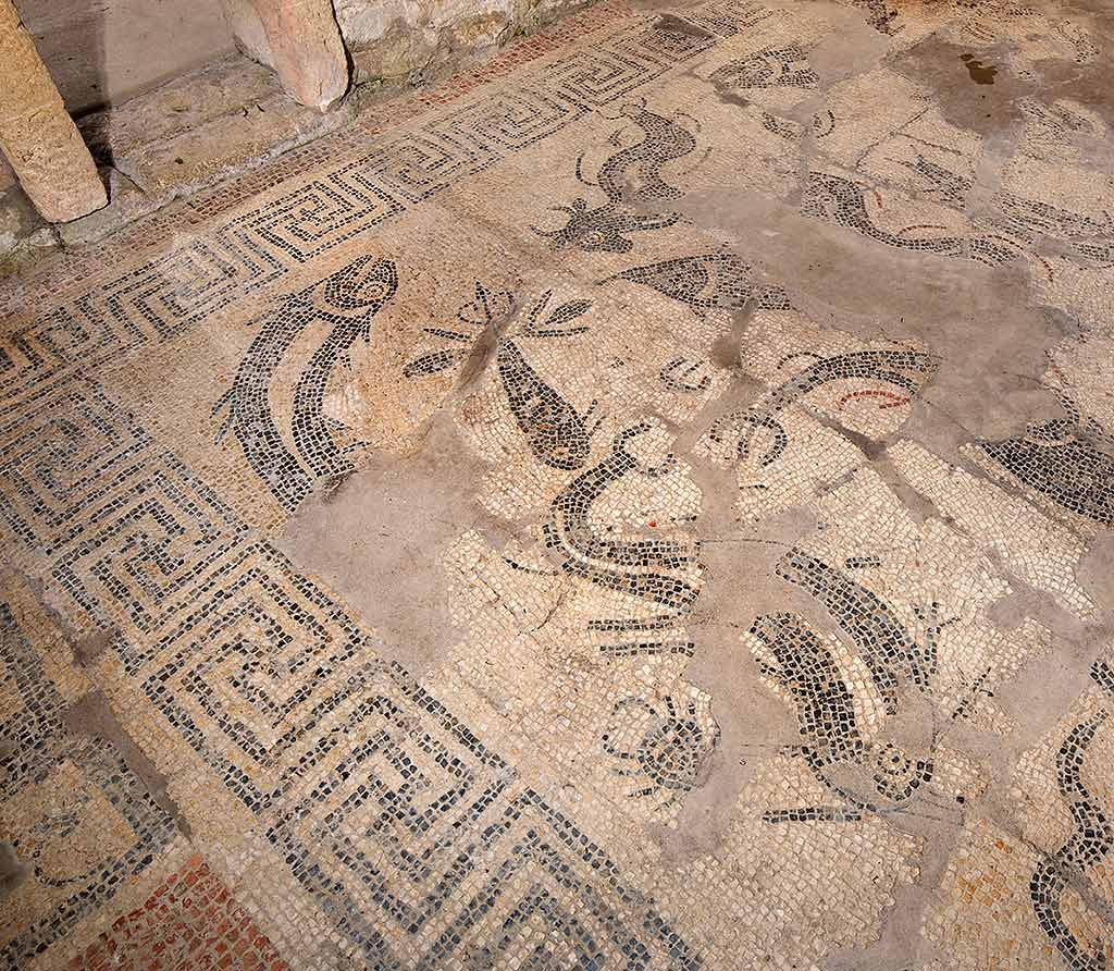 Romans often used watery or aquatic scenes when decorating their bathrooms. This mosaic depicts more sea creatures than any other in Roman Britain