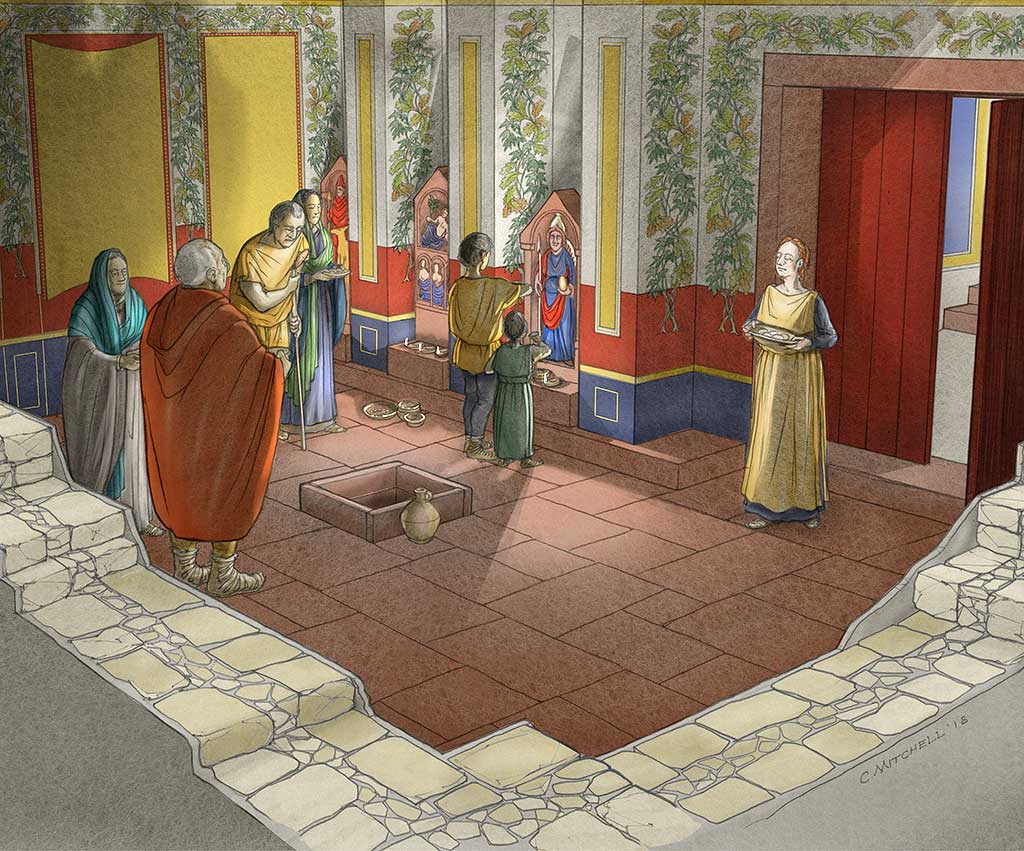 A reconstruction of the underground room at Great Witcombe Roman Villa, which may have been a shrine. Hand-washing and food offerings were important features in many aspects of Roman and British ritual practices, and may well have taken place here 