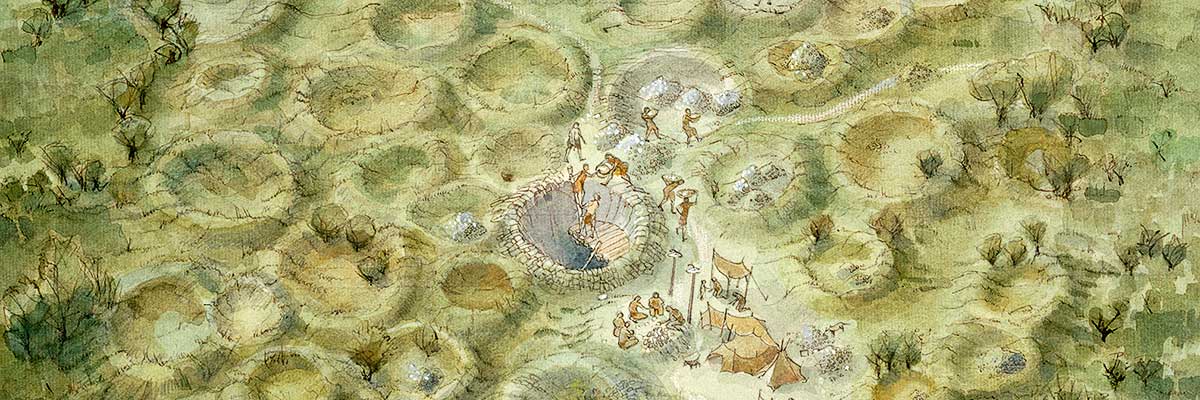 A reconstruction showing a small encampment of late Neolithic miners at Grime’s Graves A reconstruction showing a small encampment of late Neolithic miners at Grime’s Graves